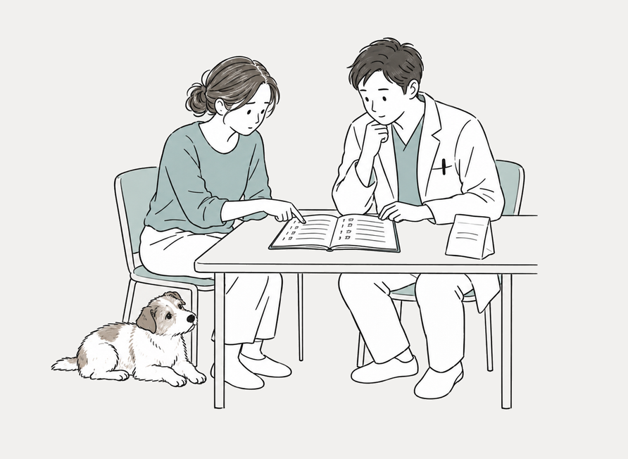 薬と便の記録を見ながら獣医師と相談する飼い主。