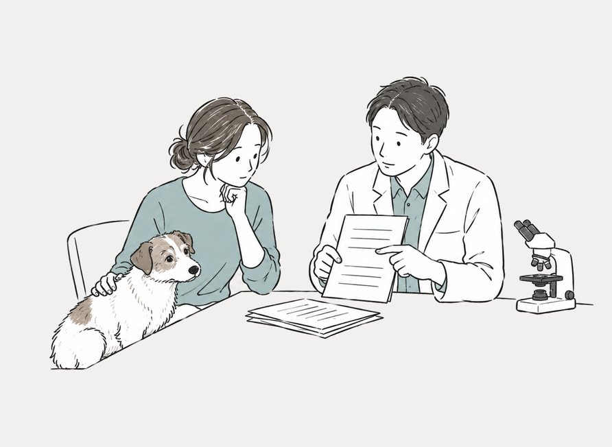 犬の検査結果について獣医師の説明を聞く飼い主。