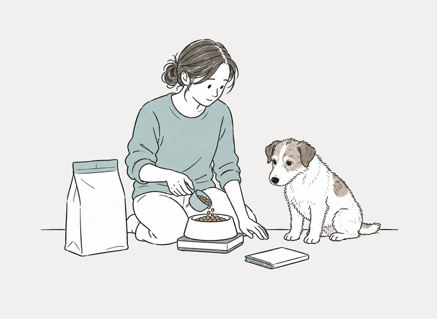 犬のフードを量って用意する飼い主。