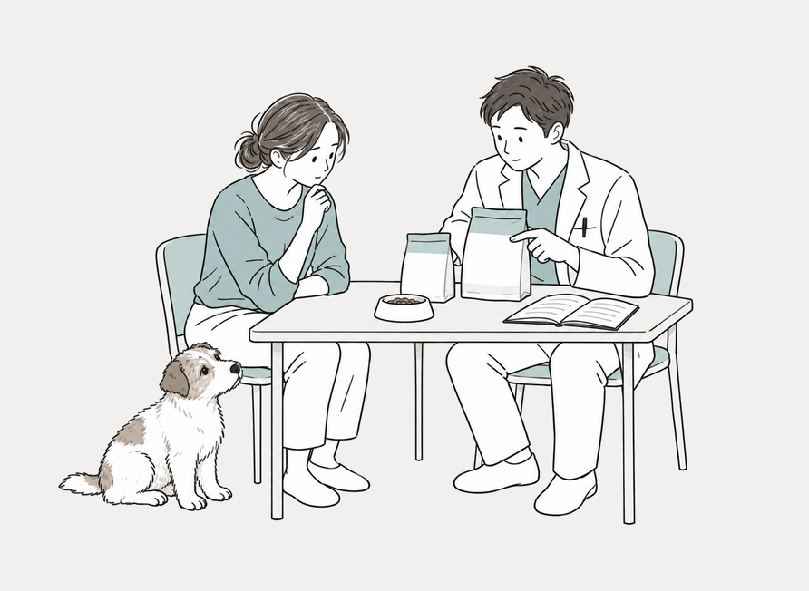 獣医師と犬の食事や治療方針を相談する飼い主