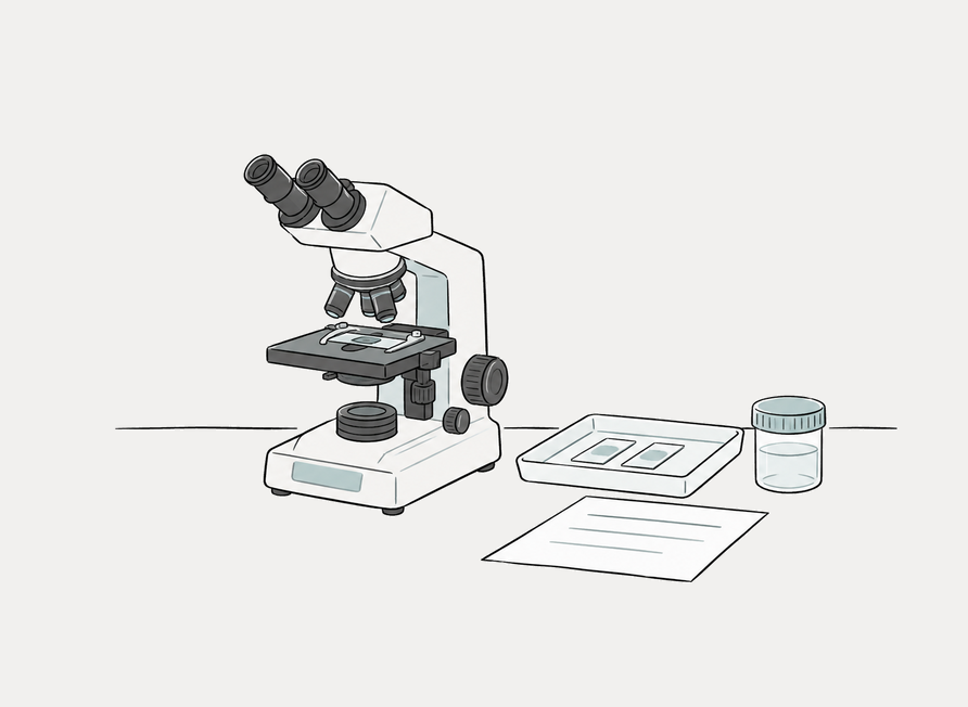 顕微鏡と生検の検体を調べるための器具