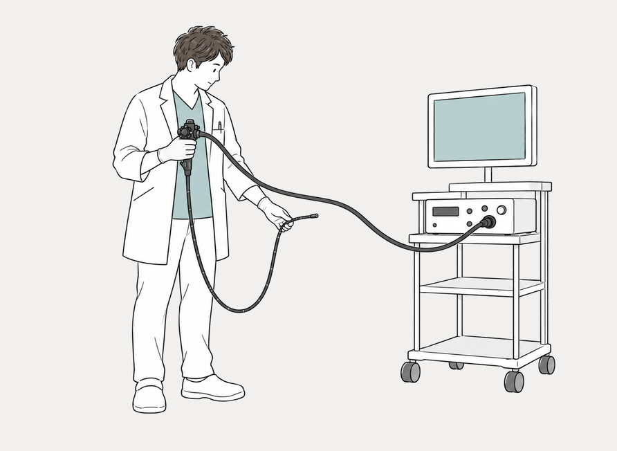 消化器内視鏡の機器を準備する獣医師