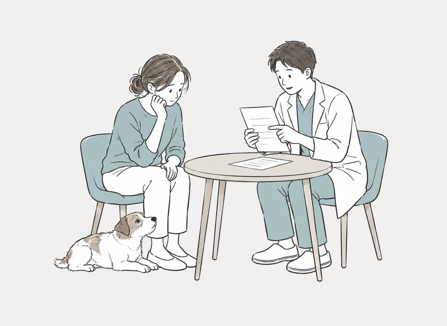 犬の検査結果について説明を聞く飼い主