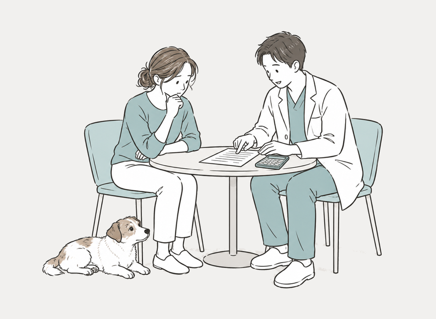 見積書を見ながら犬の検査費用を相談する飼い主