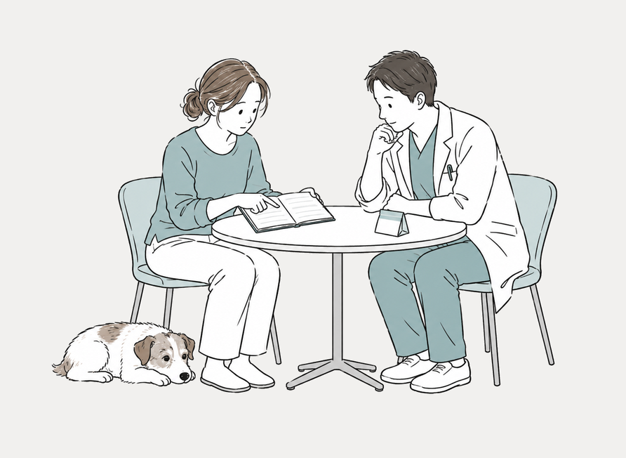 犬の経過を記録した手帳をもとに獣医師へ相談する飼い主